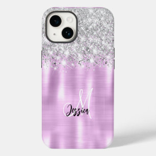 Lilac Geborsteld Metaal Zilver Glitter Monogram iPhone 14 Hoesje