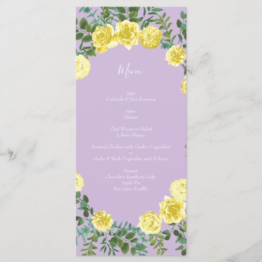 Lilac jaune clair violet Rose Floral Mariage Menu (Devant)