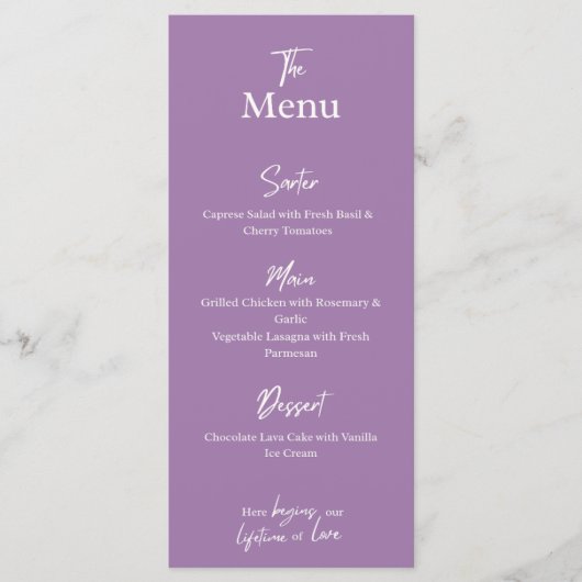 Lilac Lavender Wedding dinner Menu Card  (Devant)