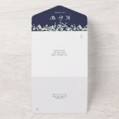 Lilac Loofwerk Navy Blauwe Monogram Bruiloft All In One Uitnodiging (Buitenkant)