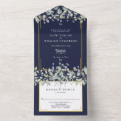 Lilac Loofwerk Navy Blauwe Monogram Bruiloft All In One Uitnodiging (Binnen)