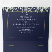 Lilac Loofwerk Navy Blauwe Monogram Foto Bruiloft Drieluik Uitnodiging (Binnenzijde eerst)