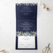 Lilac Loofwerk Navy Blauwe Monogram Foto Bruiloft Drieluik Uitnodiging (Binnen)