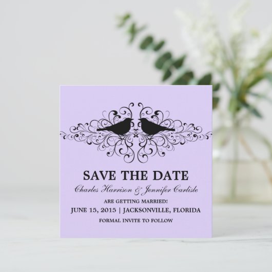 Lilac Love Bird Swirls Save the Date Uitnodiging (Staand voorkant)
