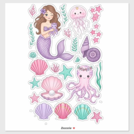 Lilac Mermaid & Cute Octopus Vinyl Sticker (Feuille)