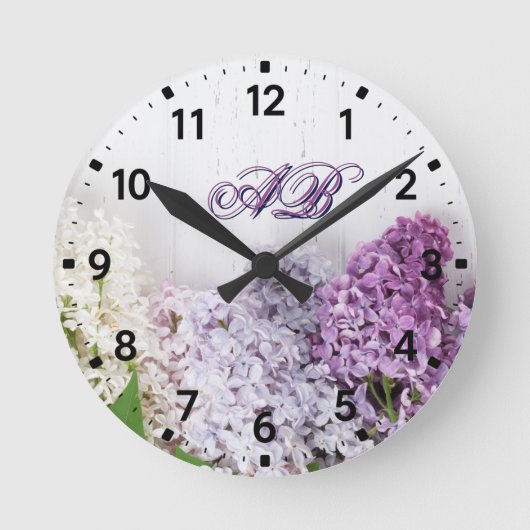 Lilac Monogram Wall Clock | Personalized Floral Ronde Klok (Voorkant)