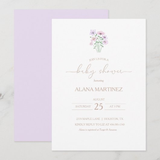 Lilac Purple Baby shower Floral Invitation (Devant / Derrière)
