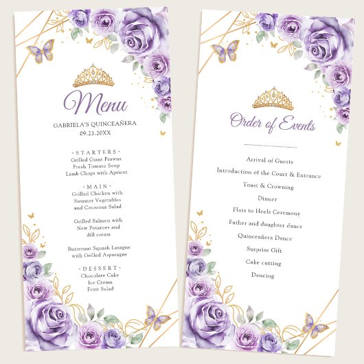 Lilac Purple Gold Floral Quinceanera Menu du progr