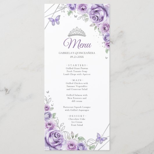 Lilac Purple Silver Floral Quinceanera Menu (Voorkant)