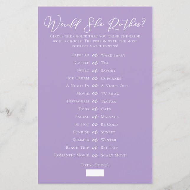 Lilac Purple Would She Rather Bridal Shower Game (Voorkant)