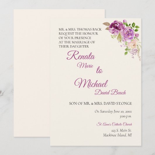 Lilac Roze Trouw Uitnodiging (Voorkant / Achterkant)