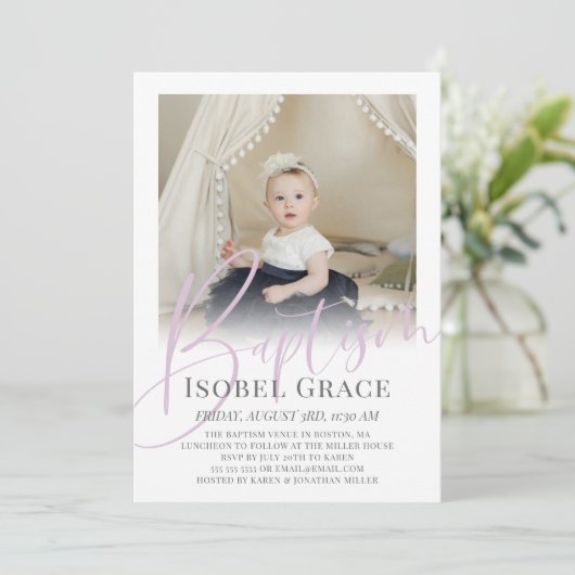 Lilac Script Photo Baptême Invitation (Debout devant)