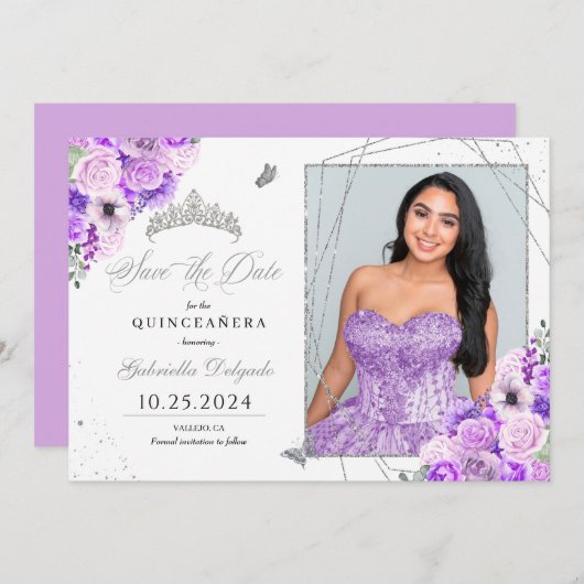 Lilac Silver Carte photo Quinceañera Enregistrer L (Devant / Derrière)