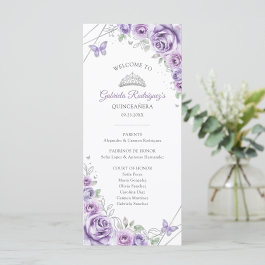 Lilac Silver Floral Quinceanera Order of Events Programma (Staand voorkant)