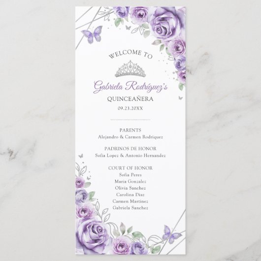 Lilac Silver Floral Quinceanera Order of Events Programma (Voorkant)