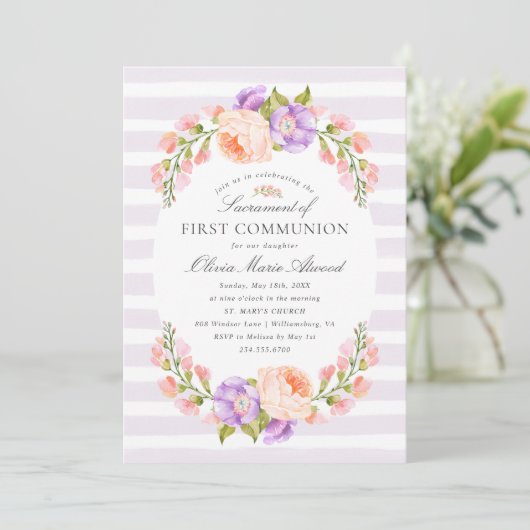Lilac Stripe and Bloom First Communion Invitation (Debout devant)