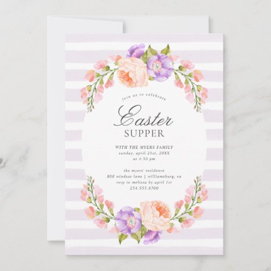 Lilac Stripe and Bloom Pâques Souper Invitation (Devant)
