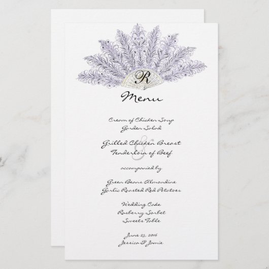 Lilac Vintage Feather Fan Mariage Menu (Devant / Derrière)