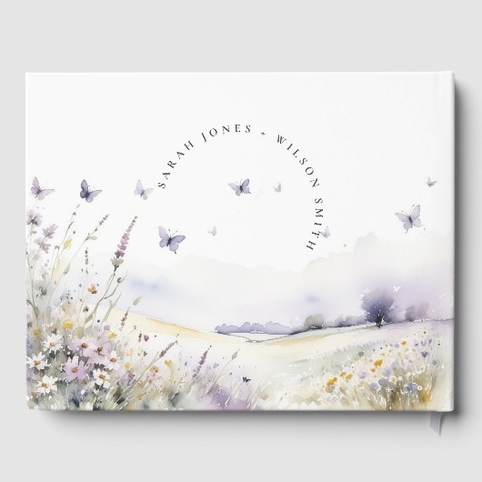 Lilac Wildebloem Vlinder Veld Landschap Bruiloft Gastenboek (Achterkant)