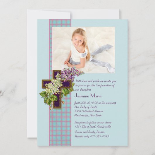 Lilacs and Crucifix Religious Photo Invitation Kaart (Voorkant)