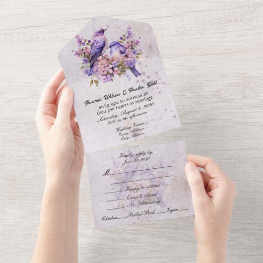 Lilacs en Bluebirds All In One Uitnodiging (Afscheurbaar)
