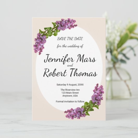 Lilacs en crème bruiloft save the date (Staand voorkant)