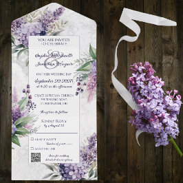 Lilacs en Heather op gemarmerd wit met QR Code All In One Uitnodiging
