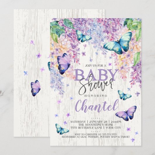 Lilacs et papillon | Invitation baby shower (Devant / Derrière)