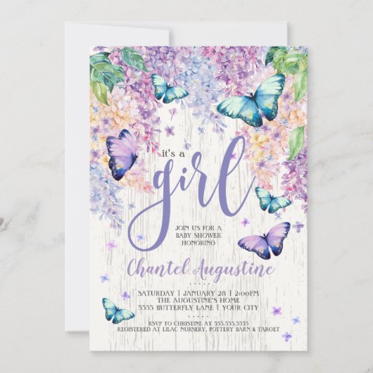 Lilacs et papillon| Invitation Baby shower (Devant)