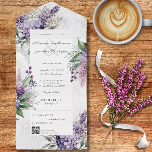 Lilacs op gemarmerd wit met QR code All In One Uitnodiging