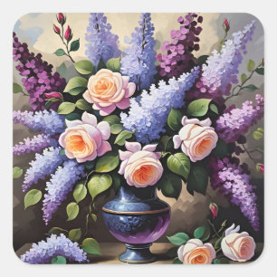 lila's en rozen in vaas vierkante sticker