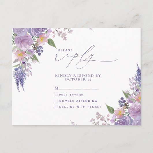 Lilas Lavande Floral Moderne Pas de Menu RSVP (Devant)