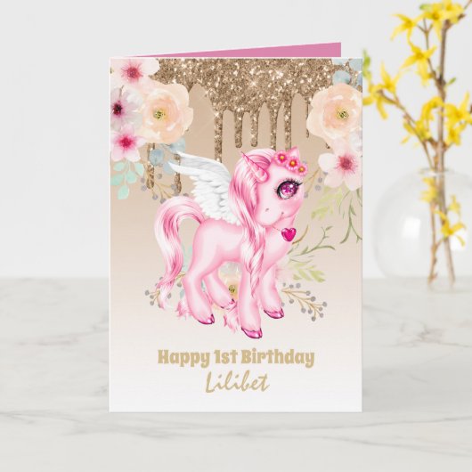 Lilibet 1e verjaardagskaarten - Prinses Eenhoorns Kaart (Gele Bloem)