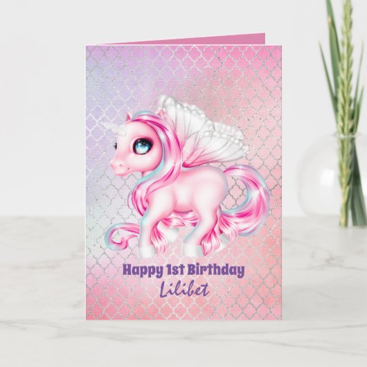 Lilibet 1st Birthday Kaarten - Princess Unicorns (Voorkant)