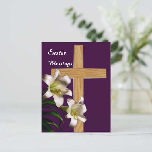 Lilies en Cross Easter Post Card Feestdagenkaart (Staand voorkant)