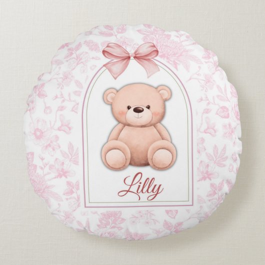 Lilly | Aangepaste Roze Teddybeer Nursery Design Rond Kussen (Voorkant)