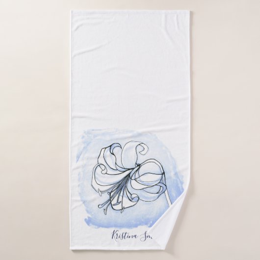 Lily Art Wit en Blauwe Elegante bloemensjabloon Badhanddoek (Badhanddoek)