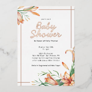 Lily Bloem Oranje Waterverf Elegante Baby Shower Folie Uitnodiging