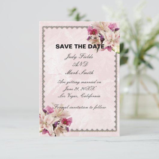 Lily Bloem Roze Marmer Trouw Save The Date RSVP Kaartje (Staand voorkant)