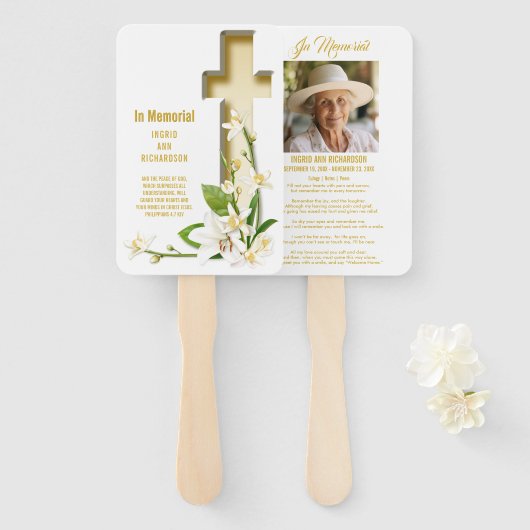 Lily Cross Scripts Memorial Hand Fan Handwaaier (Voorkant en achterkant)