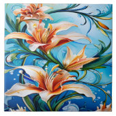 Lily Flowers op Blauwe Bloemen Achtergrond Tegeltje (Voorkant)