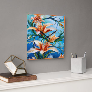 Lily Flowers op Blauwe Bloemen Achtergrond Vierkante Klok