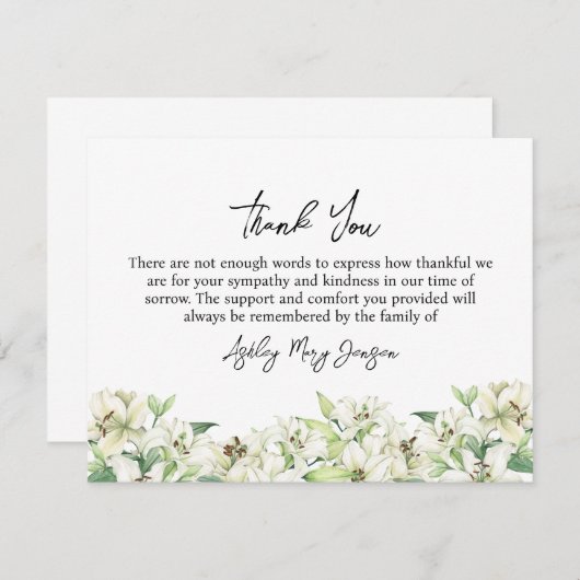 Lily Funeral Thank You Note Card Bereavement Bedankkaart (Voorkant / Achterkant)