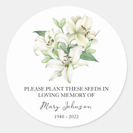 Lily Memorial Funeral Seed Packet Ronde Sticker (Voorkant)