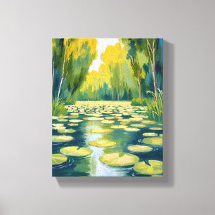 Lily Pad Vijver Groene Aquarel Natuur Canvas Afdruk