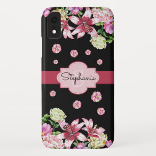 Lily Peony Waterverf Bloemen Zwart Monogram iPhone XR Hoesje