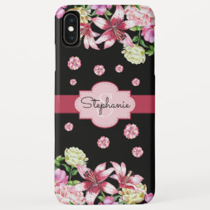 Lily Peony Waterverf Bloemen Zwart Monogram iPhone XS Max Hoesje