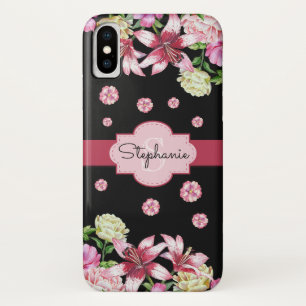 Lily Peony Waterverf Bloemen Zwart Monogram iPhone X Hoesje