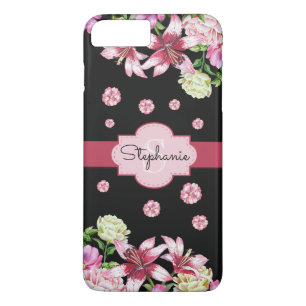 Lily Peony Waterverf Bloemen Zwart Monogram iPhone 8 Plus / 7 Plus Hoesje