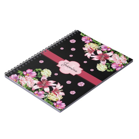 Lily & Pioen Bloemen Zwart Notitieboek (Linkerzijde)